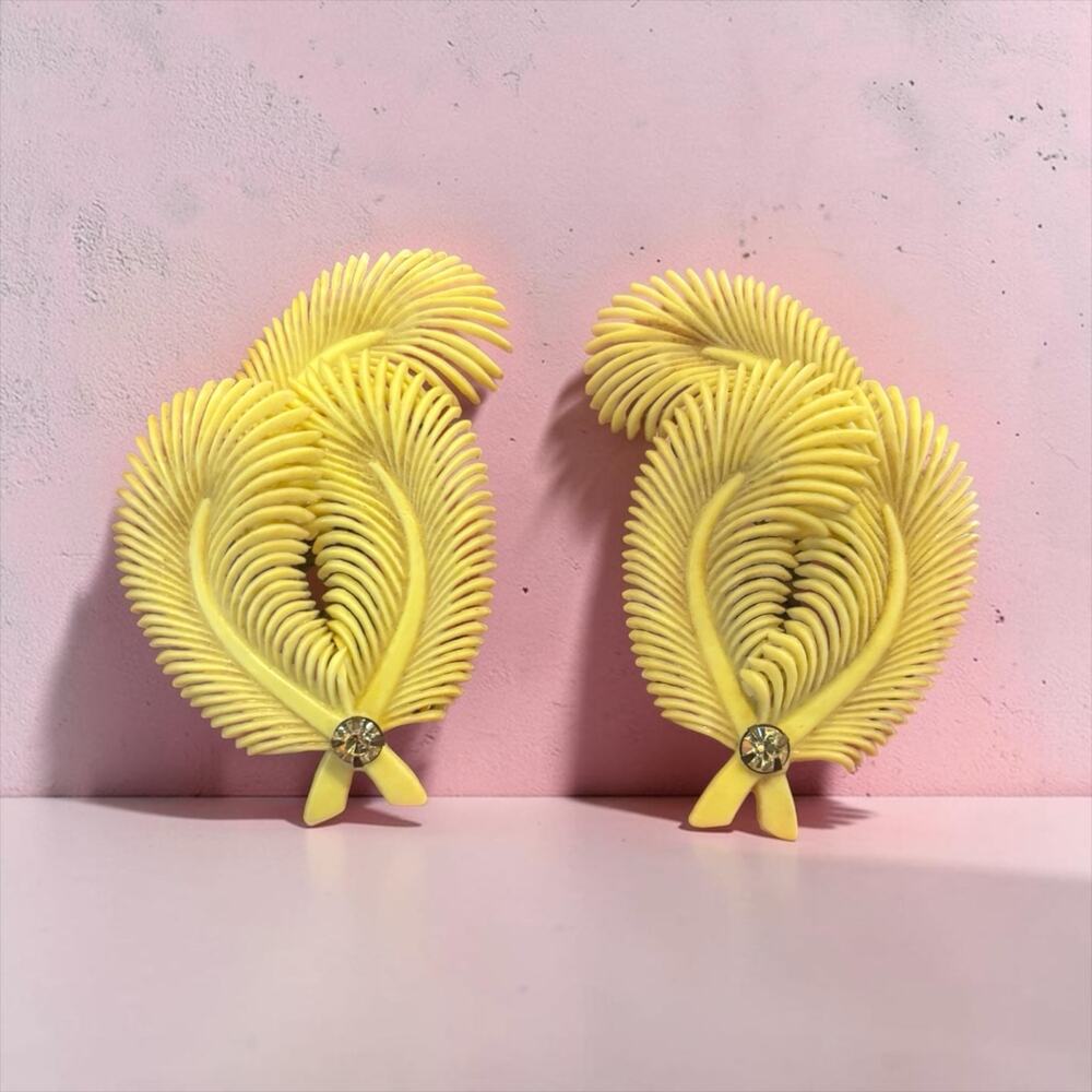 60s Mod Yellow Feather Earrings Rhinestone Statement Clip Ons